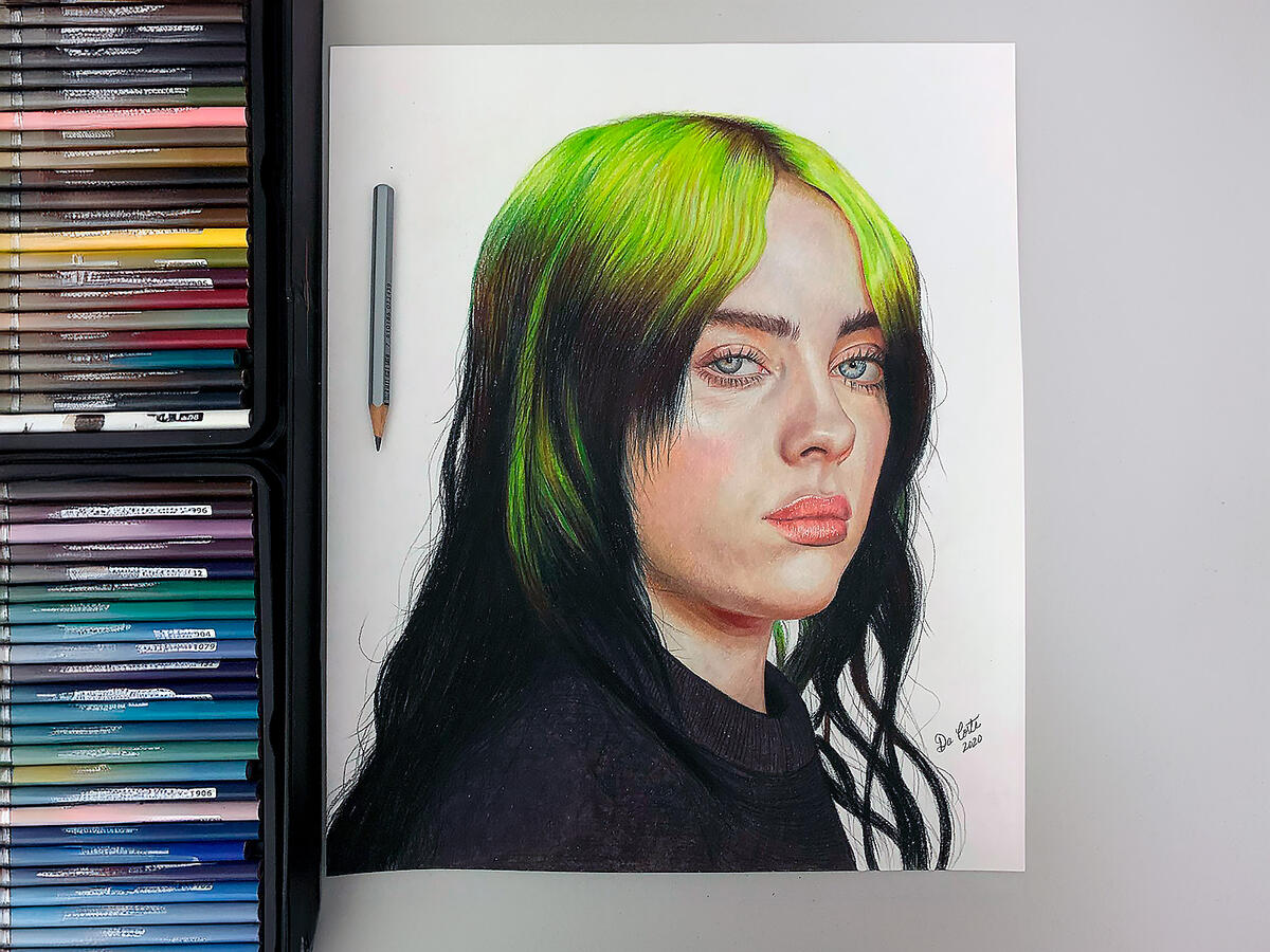 Realistic colored pencil portrait of Billie Eilish drawn by Juan Da Corte